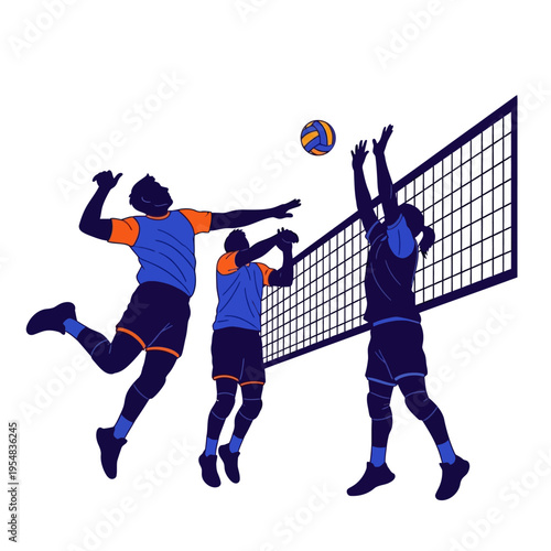 Volleyball players jumping and spiking near the net, dynamic sports illustration