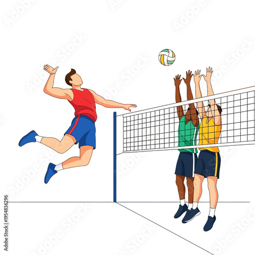 Volleyball players jumping and spiking ball over the net during a match