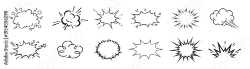 Hand drawn comic explosion burst and speech bubble doodle set, cartoon boom cloud and impact effect elements vector illustration on transparent background