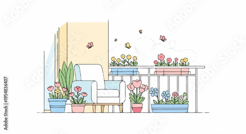 Charming Balcony with Colorful Flowers and Cozy Seating