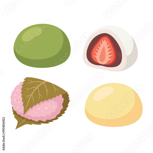 Set of colorful traditional Japanese mochi wagashi desserts including ichigo daifuku and sakura mochi isolated on white background