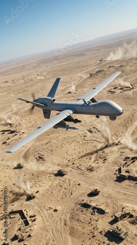 Military drone flying over desert landscape during operation  