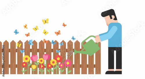 Charming Gardener Watering Colorful Flowers with Butterflies