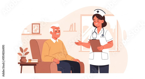Healthcare Worker Measuring Blood Pressure for Senior Woman, Home Nursing Service Vector Illustration