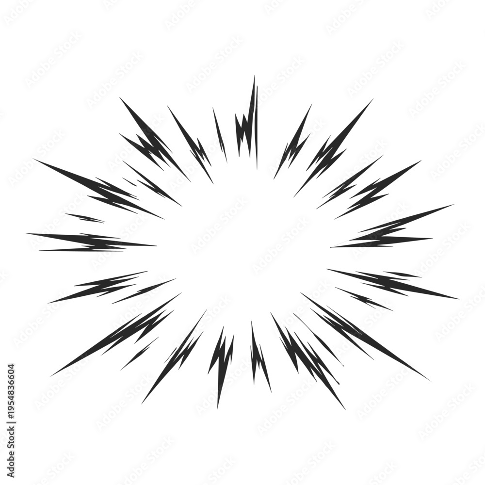 Obraz premium Comic explosion burst radial lines, explosive impact star shape, dynamic speed effect, cartoon vector element on transparent background