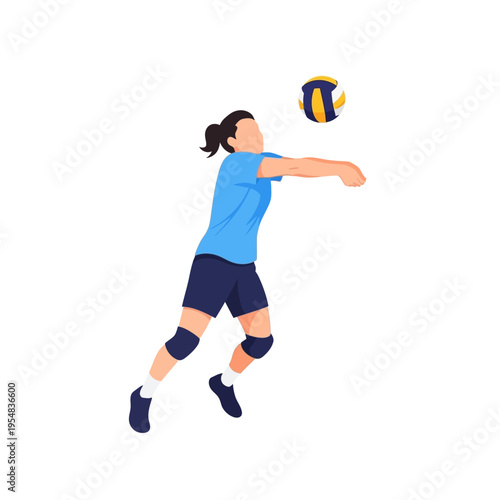 Woman playing volleyball, spiking ball, athletic action, sports illustration