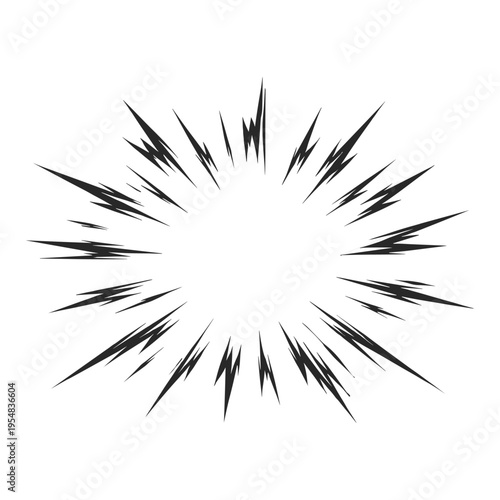 Comic explosion burst radial lines, explosive impact star shape, dynamic speed effect, cartoon vector element on transparent background