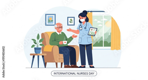 Compassionate Nurse Providing Home Care to Elderly Patient, Senior Health Monitoring Illustration