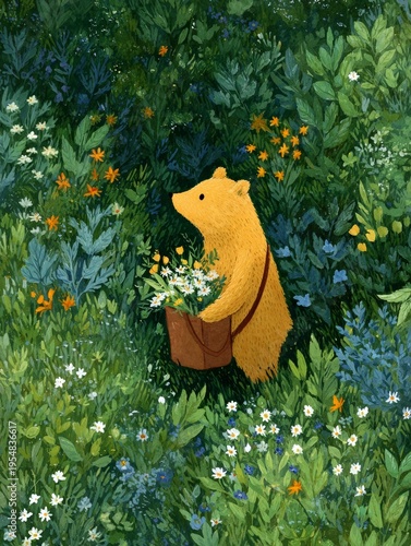 A bear holding basket of flowers in forest.