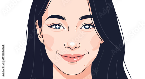 Illustration of a smiling young woman with long dark hair and blue eyes against a white background.