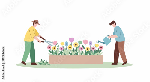 Gardening Together Pruning and Watering Colorful Flowers in a Sunny Garden