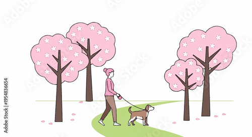 Serene Spring Walk with Dog Under Blooming Trees