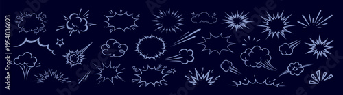 Comic boom burst, explosive motion line elements, speed effect, explosive smoke, cartoon vector icon set, hand drawn dynamic action elements