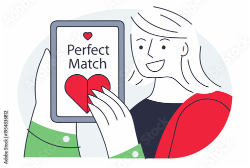 Woman receiving perfect match on phone. Hyper-personalized discovery and online dating or friendship app concept. Vector illustration for web, banner