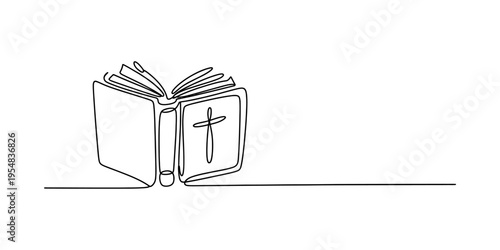 Continuous line drawing of an open holy bible book with a christian cross on the cover