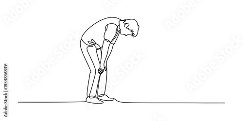 Continuous line drawing of an exhausted person bending over with hands on their knees in fatigue.