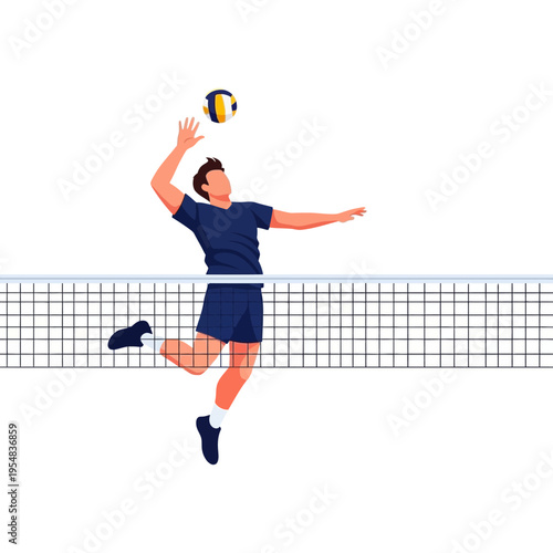 Male volleyball player jumping to spike ball over net, dynamic sports illustration