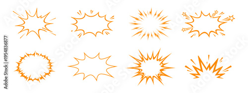 Hand drawn comic explosion burst star shape doodle set, cartoon boom sunburst and impact effect elements vector illustration on transparent background