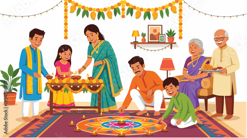 Illustration of an Indian family celebrating a festival with traditional decorations and clothing in a cozy home interior.