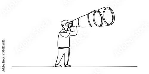 Minimalist one line illustration of a businessman searching for vision with a giant telescope