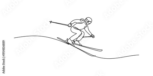 Continuous line drawing of a professional skier speeding down a snowy mountain slope.