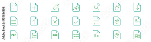 Document and File Management Outline Icon Set for UI/UX Design. PDF, DOC, and File Type Minimalist Vector Icon Pack. Set of file and document Icons. Clipboard web icons in line style. Checklist report