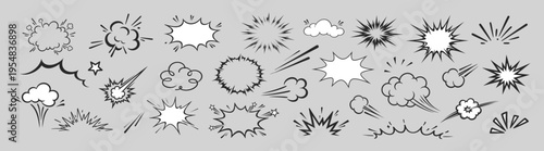 Comic boom burst, explosive motion line elements, speed effect, explosive smoke, cartoon vector icon set, hand drawn dynamic action elements