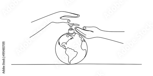Continuous line drawing of hands using hand sanitizer on top of a globe for global hygiene
