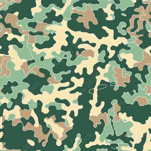 Seamless camouflage pattern with dinosaurs hidden in jungle foliage. Stylized prehistoric animals blended with abstract camo shapes in earthy green tones, ideal for textiles, prints and adventurous de