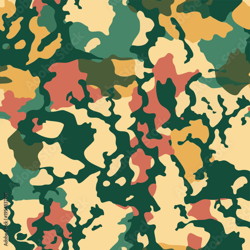 Seamless camouflage pattern with dinosaurs hidden in jungle foliage. Stylized prehistoric animals blended with abstract camo shapes in earthy green tones, ideal for textiles, prints and adventurous de