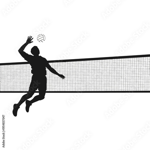 Silhouette of a volleyball player spiking the ball over the net during a game