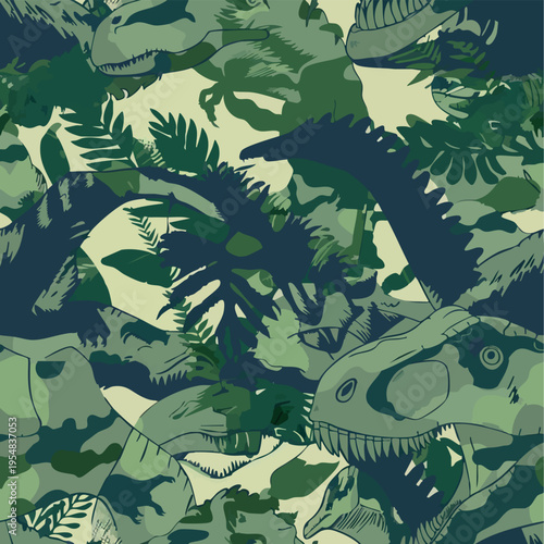 Seamless camouflage pattern with dinosaurs hidden in jungle foliage. Stylized prehistoric animals blended with abstract camo shapes in earthy green tones, ideal for textiles, prints and adventurous de
