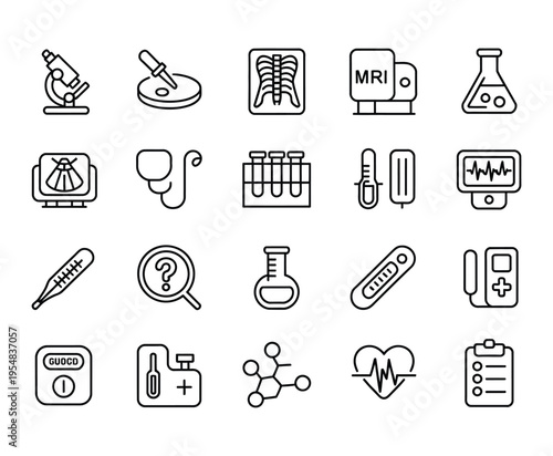 medical checkup doodle illustration including icons, xray ultrasound glucometer checklist blood test petri dish thermomete,modern minimal medical sketch style, health monitoring concept for apps