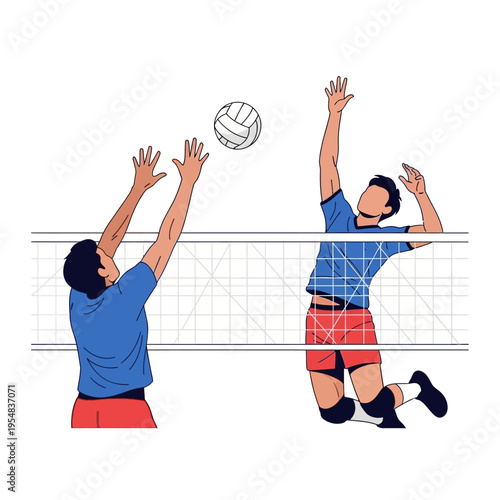 Two male volleyball players jumping to hit ball over net, action sport illustration