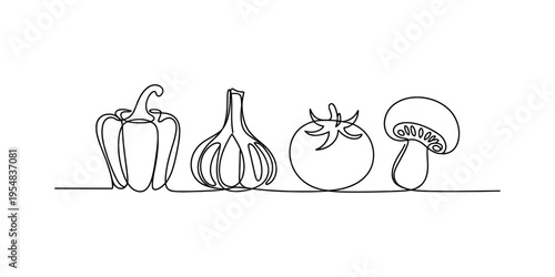 Continuous line drawing of fresh vegetables including pepper garlic tomato and mushroom.