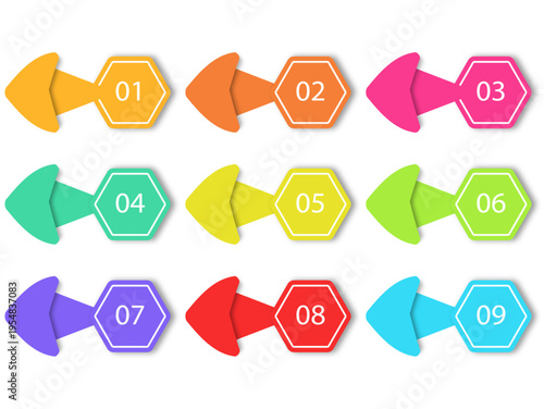 カラフルな矢印と六角形ナンバーパーツが並ぶインフォグラフィック用ステップ表示セット・視覚的に分かりやすいデザイン素材