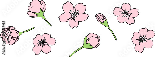 手描き風の優しいタッチで描かれた桜の花イラストセット・春の季節感を演出する和風ナチュラル素材