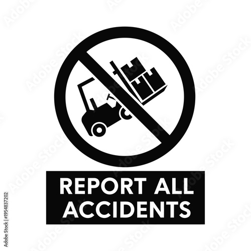 A black and white warning sign depicts a forklift tipping over with stacked boxes accompanied by text high quality