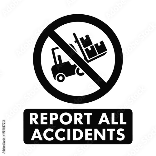 A black and white prohibition sign depicts a forklift with a falling load warning against unsafe operation high quality