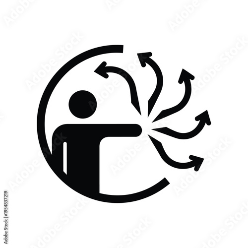 A black silhouette of a person with arms outstretched encircled by multiple outward pointing arrows high quality professional