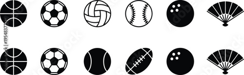Sports ball icon set, basketball, soccer, volleyball, baseball, tennis, bowling ball and badminton shuttlecock silhouettes collection