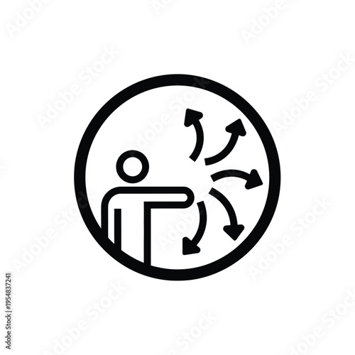 A simple black and white icon depicts a person radiating arrows outward in a circular design