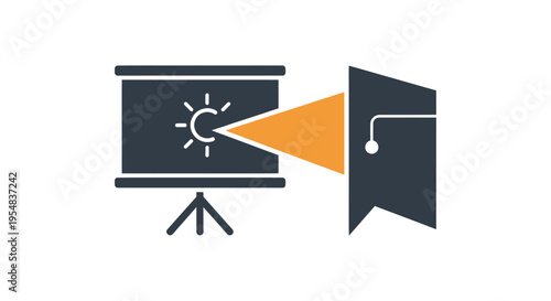 Education concept icon: projector screen with sun projecting light onto a graduation cap symbolizing knowledge.