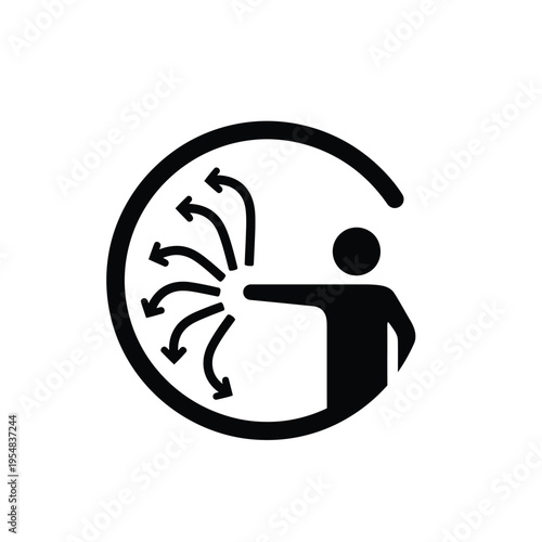 A simple black pictogram depicts a person within a circle with arrows illustrating outward influence high quality
