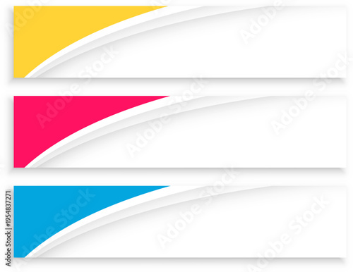 カラフルなカーブ形状と立体的なレイヤー構造が特徴の横長バナーデザインセット、広告やウェブに最適なシンプル背景素材