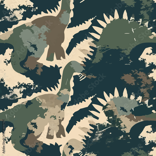 Seamless camouflage pattern with dinosaurs hidden in jungle foliage. Stylized prehistoric animals blended with abstract camo shapes in earthy green tones, ideal for textiles, prints and adventurous de