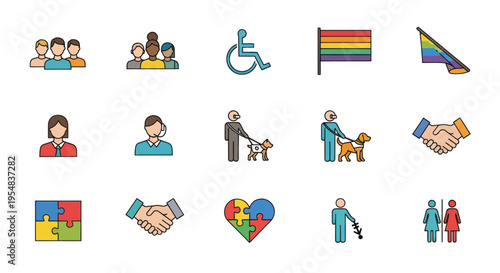 Set of flat color line icons for diversity inclusion disability accessibility and LGBTQ pride.
