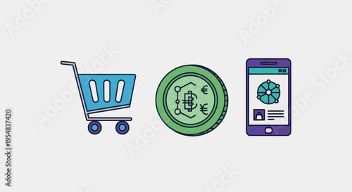 Colorful line art icons representing e-commerce with a shopping cart cryptocurrency coin and a mobile payment app on a smartphone.