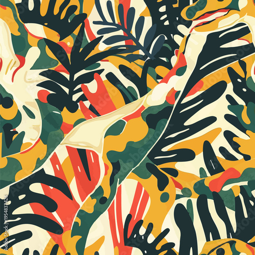 Seamless camouflage pattern with dinosaurs hidden in jungle foliage. Stylized prehistoric animals blended with abstract camo shapes in earthy green tones, ideal for textiles, prints and adventurous de