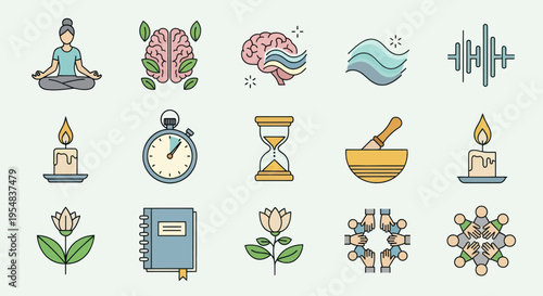 Mindfulness and Meditation Icons Set with Brain Nature and Time Symbols.